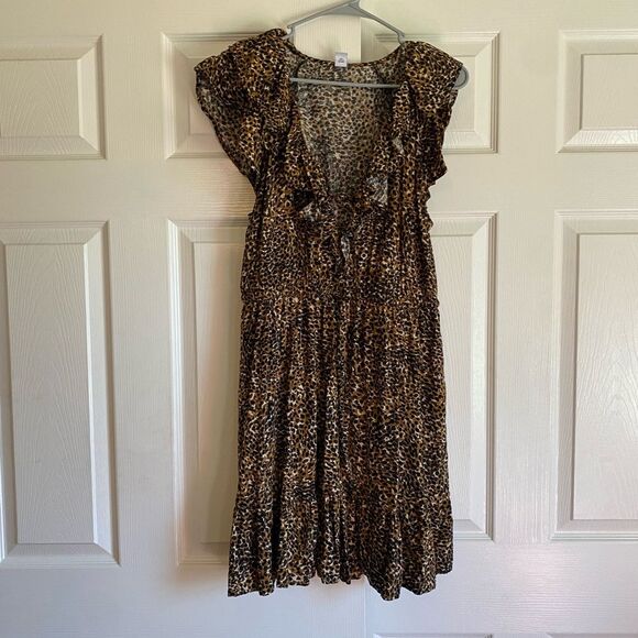 Old Navy large black brown Wasit defined ruffle trim mini dress cheetah animal - Picture 3 of 10